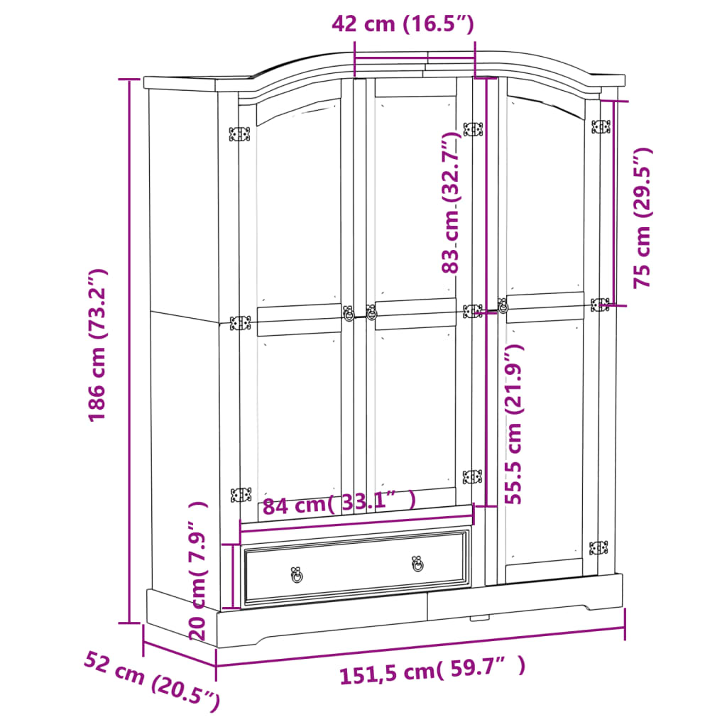 Kledingkast Corona 151,5X52X186 Cm Massief Grenenhout - Nordexa Home